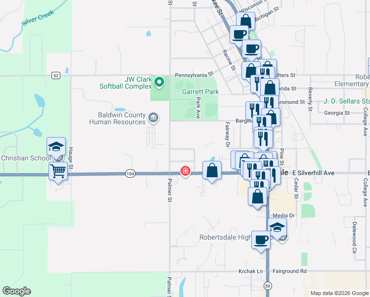 map of restaurants, bars, coffee shops, grocery stores, and more near 18044 Mimosa Avenue in Robertsdale