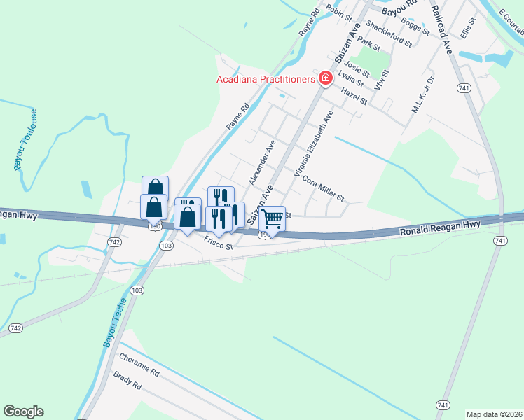 map of restaurants, bars, coffee shops, grocery stores, and more near 104-128 Palm Street in Port Barre