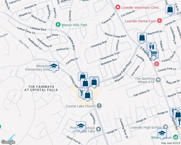 map of restaurants, bars, coffee shops, grocery stores, and more near 1701 Lions Den in Leander