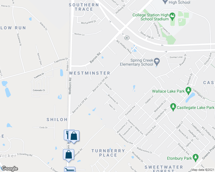 map of restaurants, bars, coffee shops, grocery stores, and more near 3914 Eskew Drive in College Station