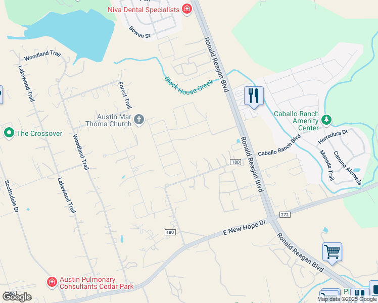 map of restaurants, bars, coffee shops, grocery stores, and more near 200 County Road 180 in Leander