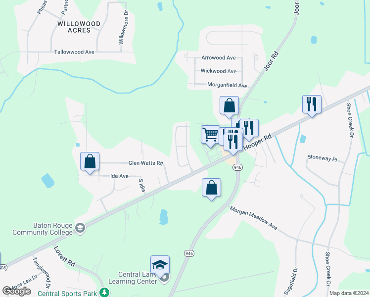 map of restaurants, bars, coffee shops, grocery stores, and more near 11434 Central Green Way in Baton Rouge