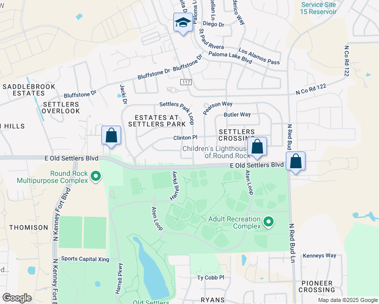 map of restaurants, bars, coffee shops, grocery stores, and more near 2251 Settlers Park Loop in Round Rock