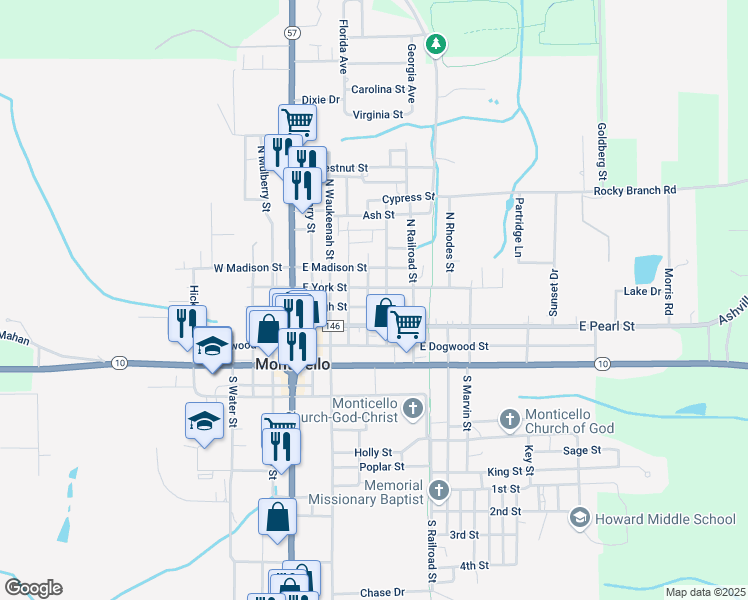 map of restaurants, bars, coffee shops, grocery stores, and more near 520 East High Street in Monticello