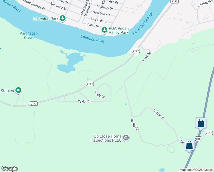 map of restaurants, bars, coffee shops, grocery stores, and more near 250 Circle Drive in Marble Falls