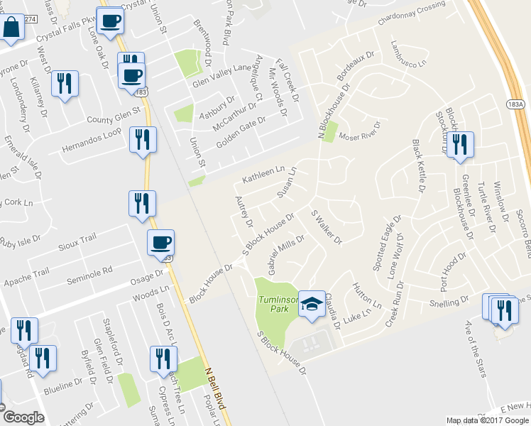 map of restaurants, bars, coffee shops, grocery stores, and more near 2504 Cynthia Court in Leander