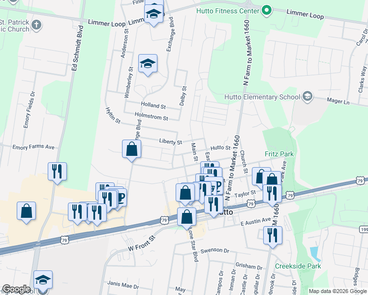 map of restaurants, bars, coffee shops, grocery stores, and more near 605 Main Street in Hutto