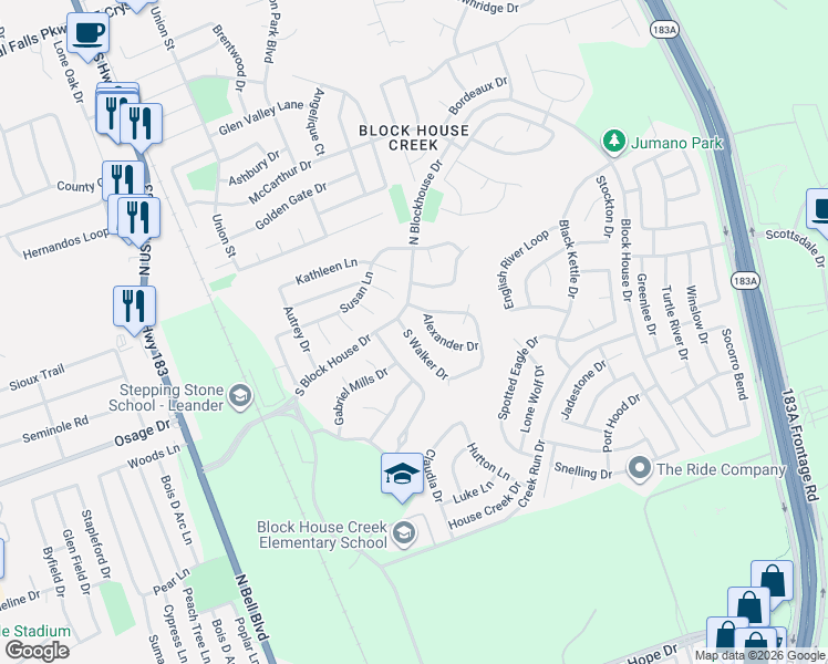map of restaurants, bars, coffee shops, grocery stores, and more near 2606 South Walker Drive in Leander