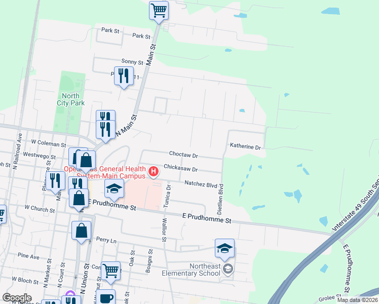 map of restaurants, bars, coffee shops, grocery stores, and more near 917 Choctaw Drive in Opelousas