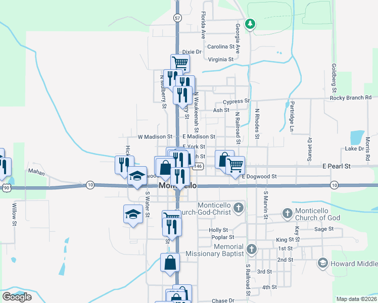 map of restaurants, bars, coffee shops, grocery stores, and more near 490 North Cherry Street in Monticello