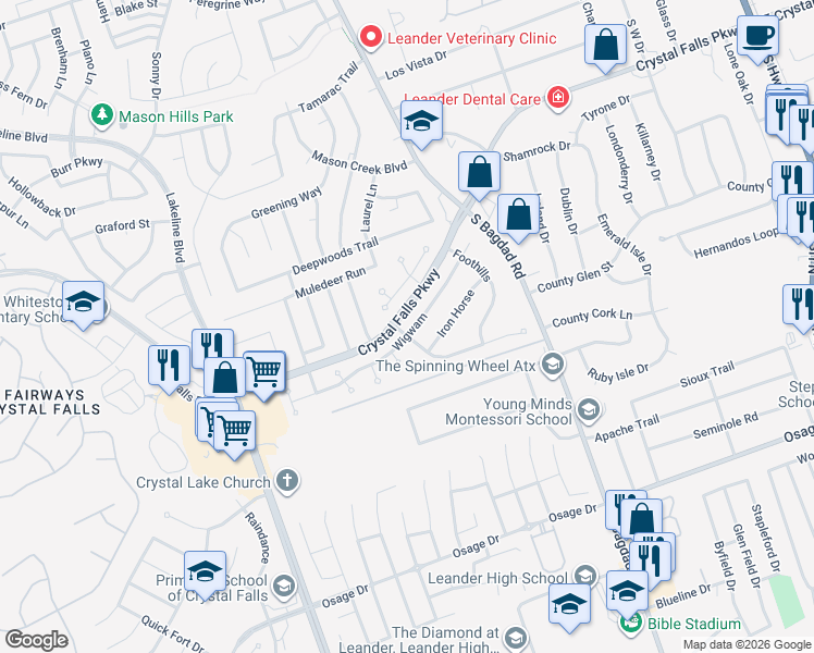 map of restaurants, bars, coffee shops, grocery stores, and more near 1129 Wigwam in Leander