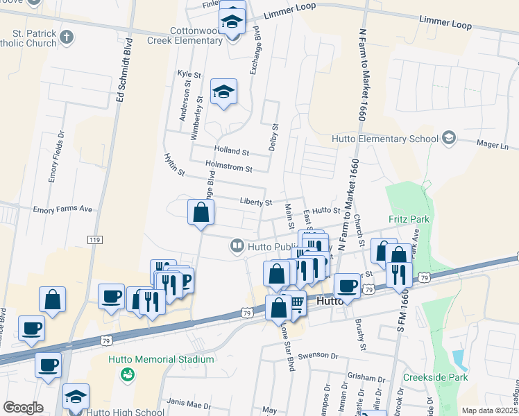 map of restaurants, bars, coffee shops, grocery stores, and more near 301 Liberty Street in Hutto