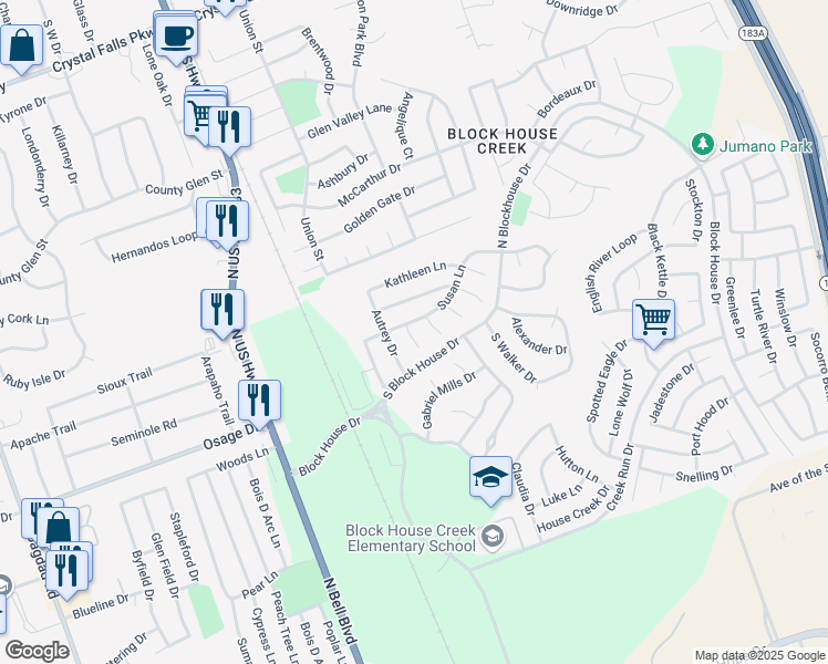 map of restaurants, bars, coffee shops, grocery stores, and more near 2502 Cynthia Court in Leander