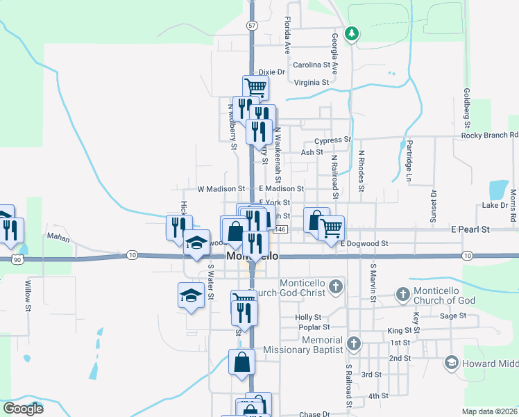 map of restaurants, bars, coffee shops, grocery stores, and more near 425 North Cherry Street in Monticello