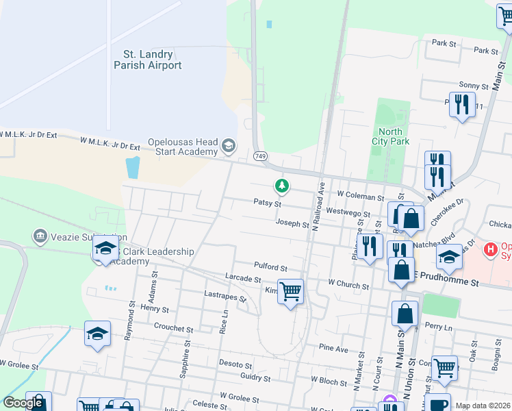 map of restaurants, bars, coffee shops, grocery stores, and more near 811 Patsy Street in Opelousas