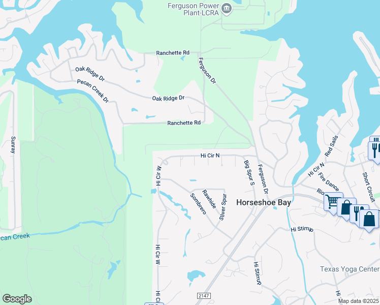 map of restaurants, bars, coffee shops, grocery stores, and more near 1401 Hi Circle North in Horseshoe Bay