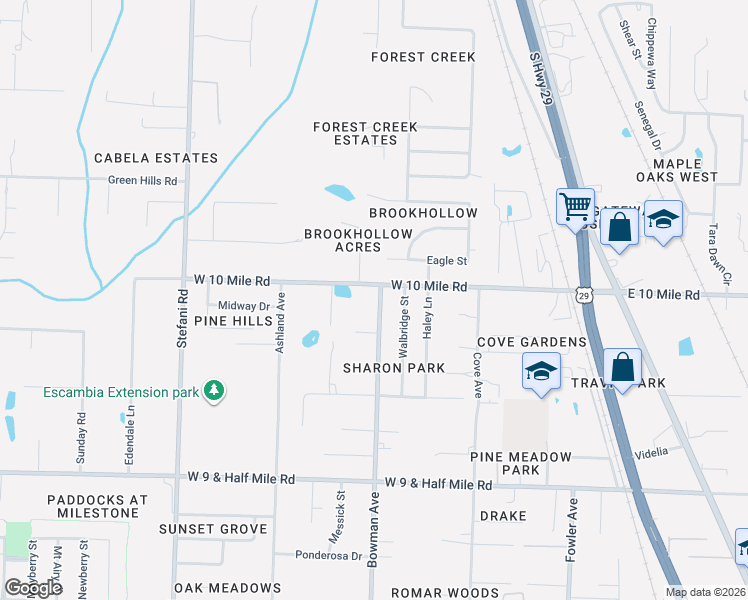 map of restaurants, bars, coffee shops, grocery stores, and more near 10341 Bowman Avenue in Pensacola