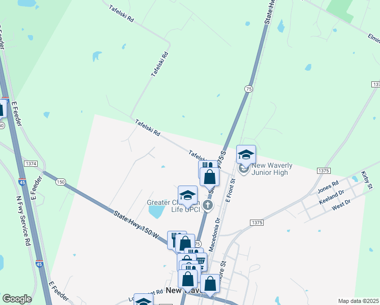 map of restaurants, bars, coffee shops, grocery stores, and more near 255 Tafelski Road in New Waverly