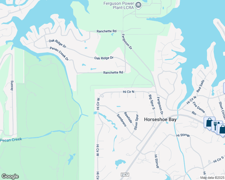 map of restaurants, bars, coffee shops, grocery stores, and more near 1401 Hi Circle North in Horseshoe Bay