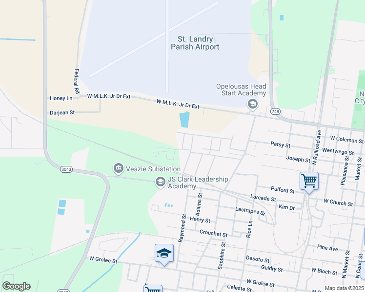 map of restaurants, bars, coffee shops, grocery stores, and more near Delores Place in Opelousas