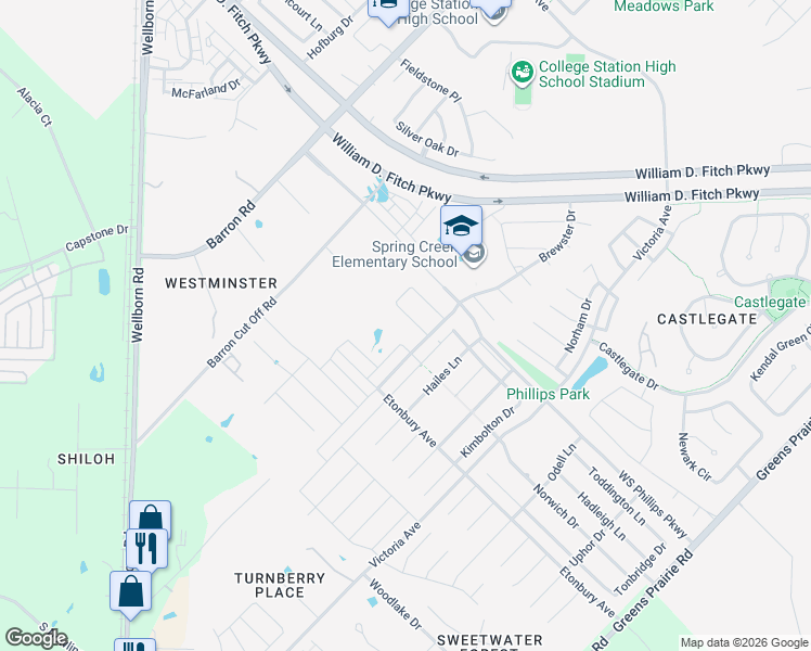 map of restaurants, bars, coffee shops, grocery stores, and more near 2526 Portland Avenue in College Station