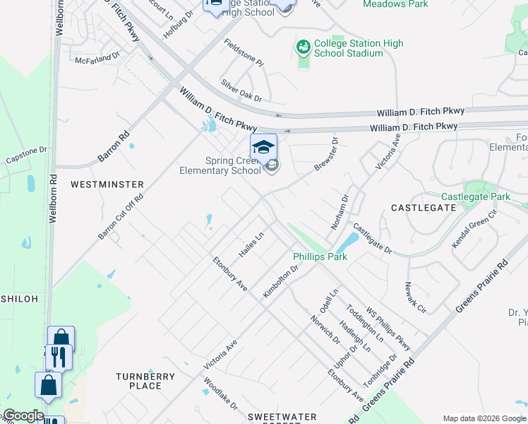 map of restaurants, bars, coffee shops, grocery stores, and more near 4200 WS Phillips Parkway in College Station