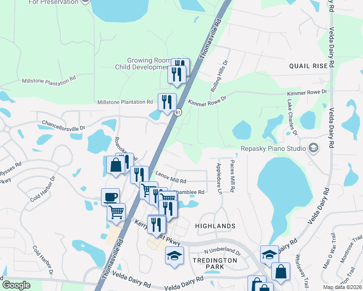 map of restaurants, bars, coffee shops, grocery stores, and more near 5736 Bascom Lane in Tallahassee