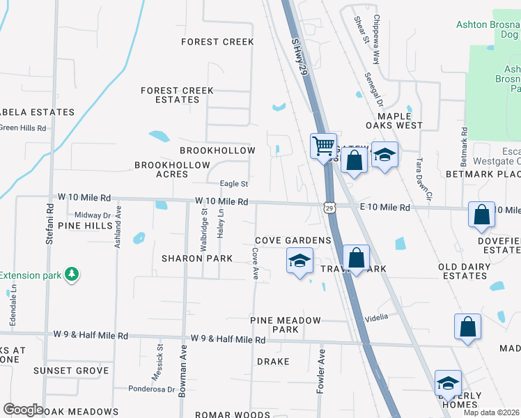 map of restaurants, bars, coffee shops, grocery stores, and more near 10392 Cove Avenue in Pensacola