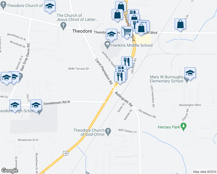 map of restaurants, bars, coffee shops, grocery stores, and more near 5900 U.S. 90 in Theodore