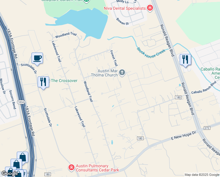 map of restaurants, bars, coffee shops, grocery stores, and more near 2217 Downing Lane in Leander