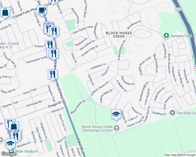 map of restaurants, bars, coffee shops, grocery stores, and more near 2504 Cynthia Court in Leander