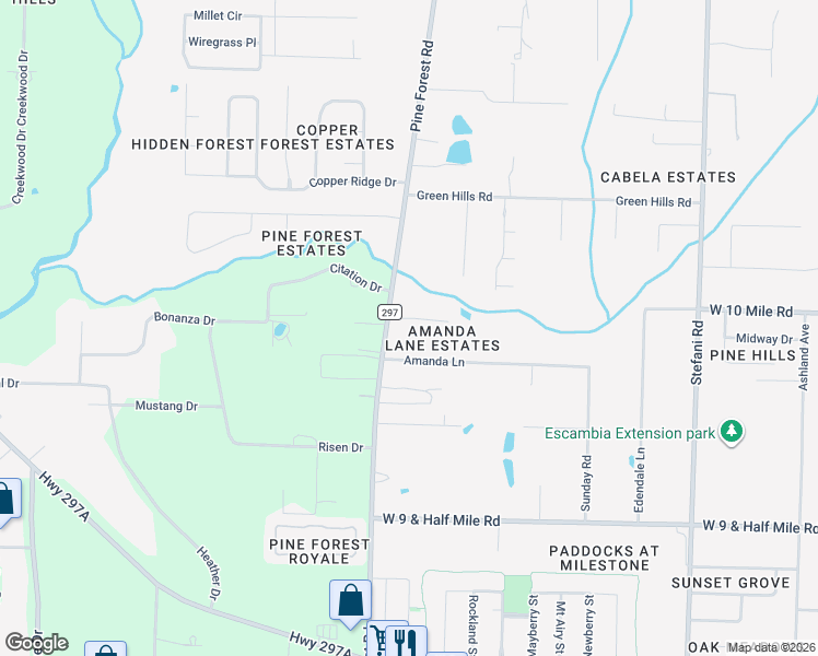 map of restaurants, bars, coffee shops, grocery stores, and more near 3400 Pine Forest Road in Ensley