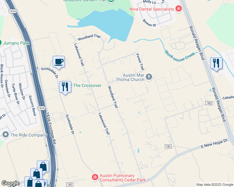 map of restaurants, bars, coffee shops, grocery stores, and more near 130 Woodland Trail in Leander