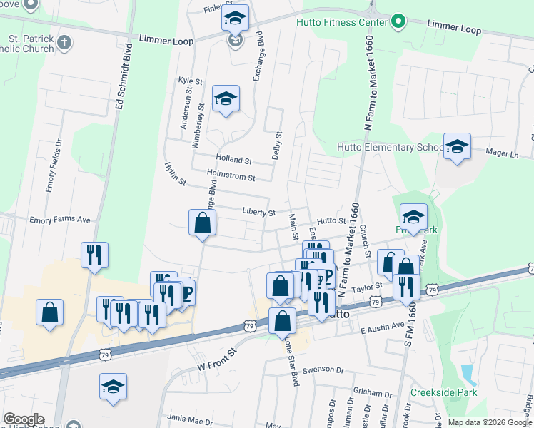 map of restaurants, bars, coffee shops, grocery stores, and more near 209 Liberty Street in Hutto