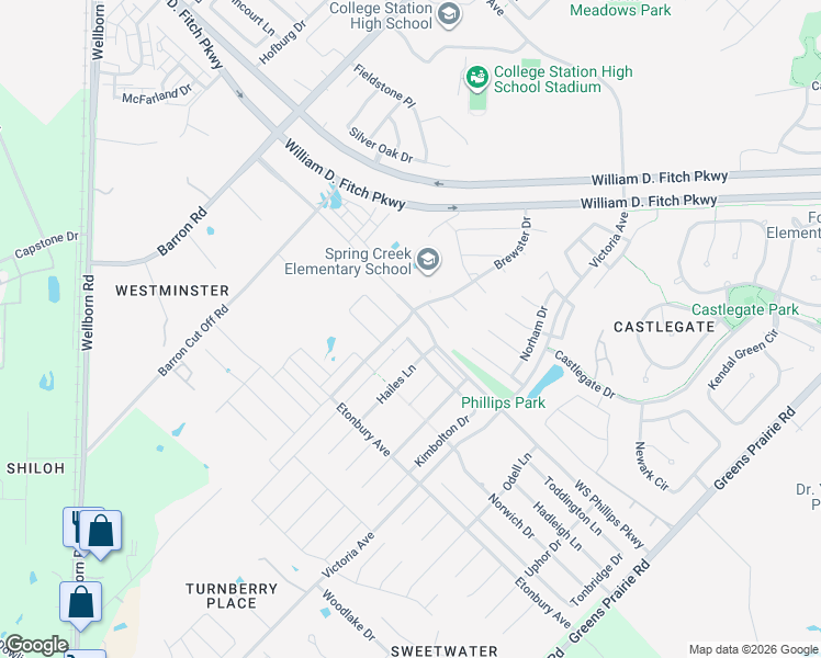 map of restaurants, bars, coffee shops, grocery stores, and more near 4200 WS Phillips Parkway in College Station