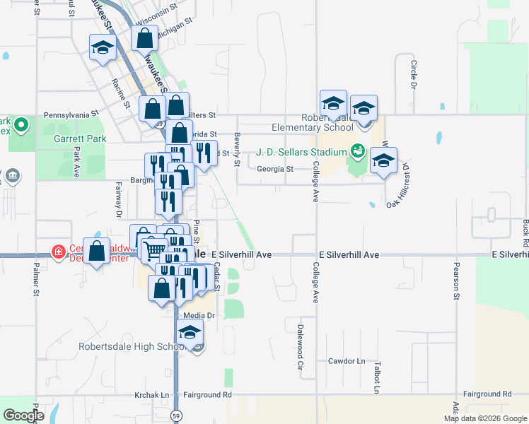map of restaurants, bars, coffee shops, grocery stores, and more near 18820 Carolina Street in Robertsdale