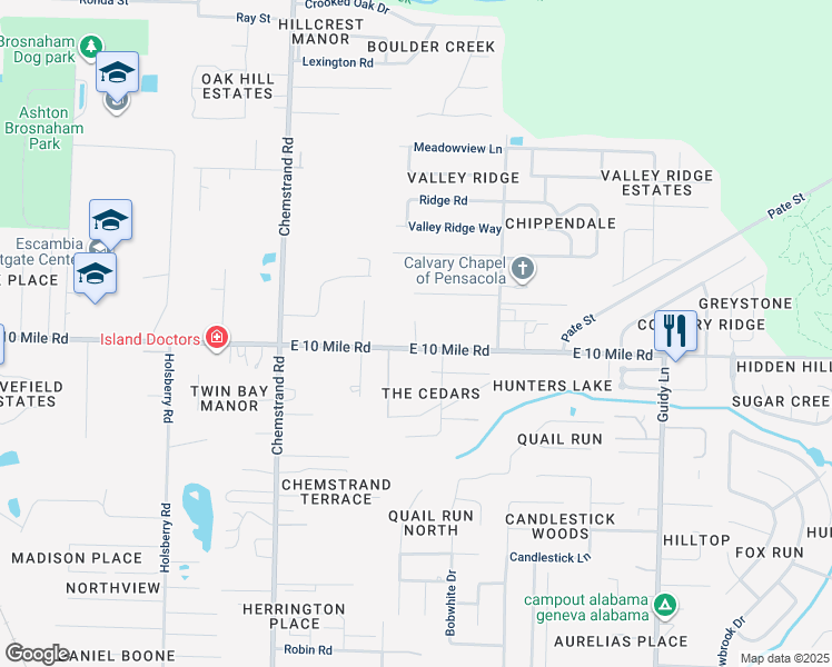map of restaurants, bars, coffee shops, grocery stores, and more near 600 East 10 Mile Road in Pensacola