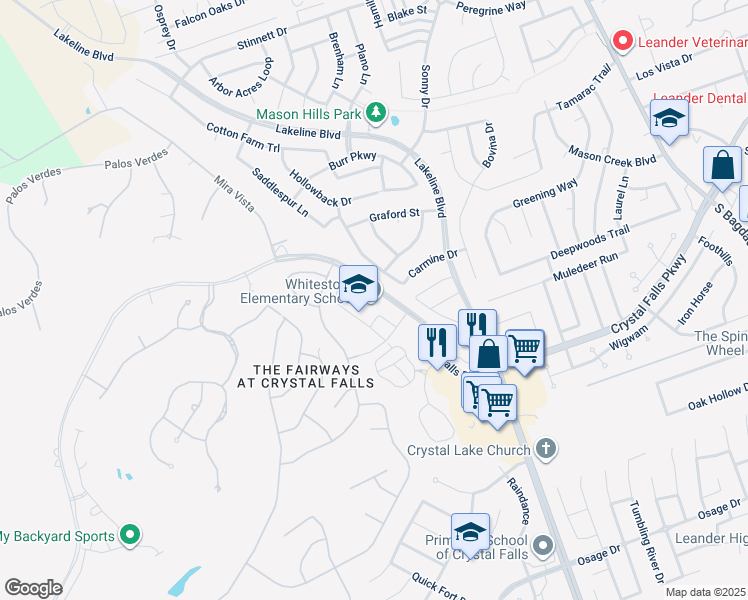 map of restaurants, bars, coffee shops, grocery stores, and more near 2000 Crystal Falls Parkway in Leander