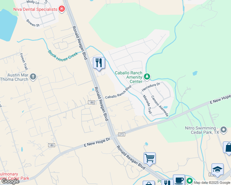 map of restaurants, bars, coffee shops, grocery stores, and more near 2901 Caballo Ranch Boulevard in Leander