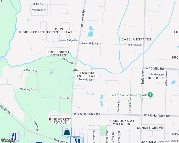 map of restaurants, bars, coffee shops, grocery stores, and more near 3350 Pine Forest Road in Ensley