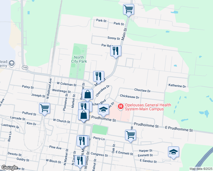 map of restaurants, bars, coffee shops, grocery stores, and more near 1339 Cherokee Drive in Opelousas