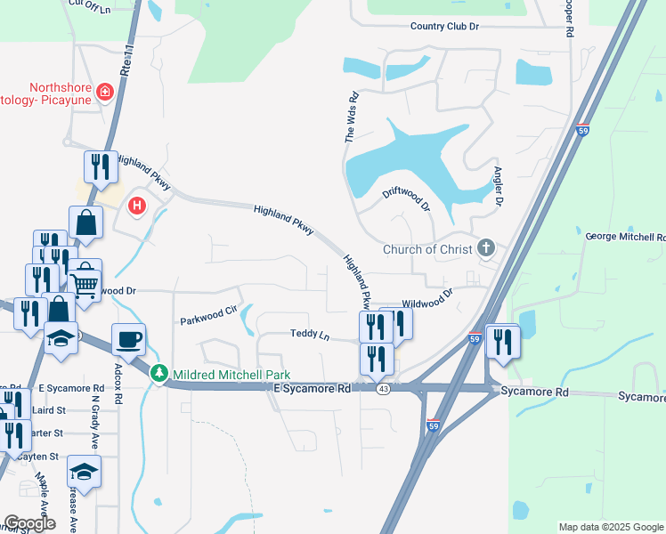 map of restaurants, bars, coffee shops, grocery stores, and more near 1229 Stemwood Drive in Picayune