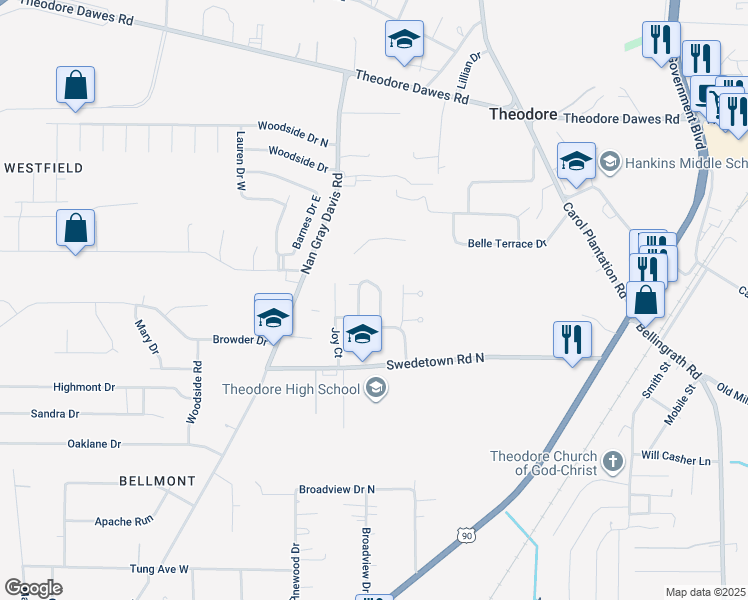 map of restaurants, bars, coffee shops, grocery stores, and more near 6907 Gray Oaks Dr in Theodore