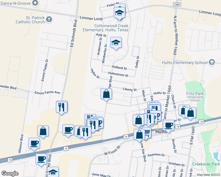map of restaurants, bars, coffee shops, grocery stores, and more near 339 Liberty Street in Hutto