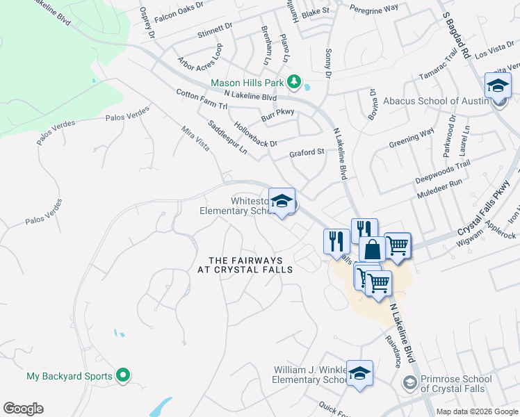 map of restaurants, bars, coffee shops, grocery stores, and more near 2102 First View in Leander