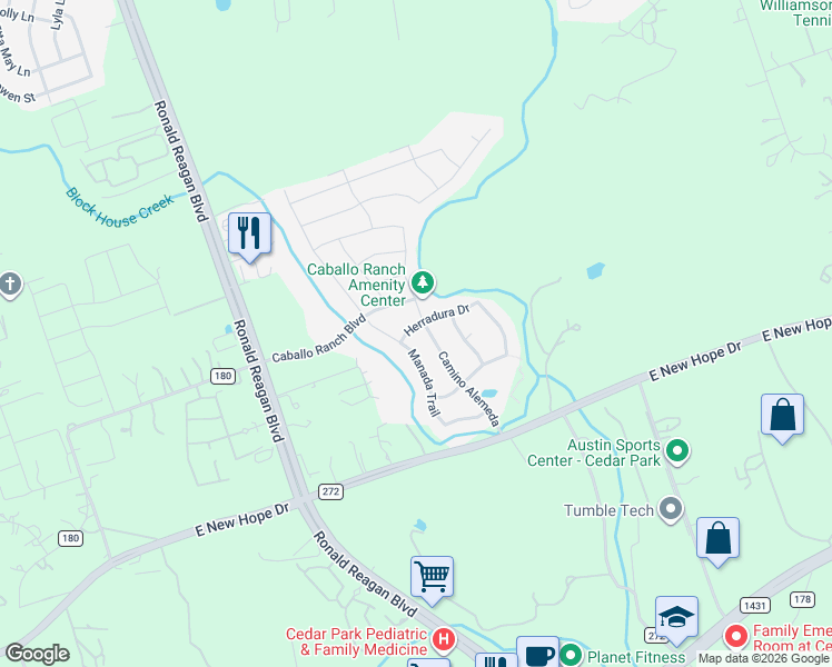 map of restaurants, bars, coffee shops, grocery stores, and more near 1903 Camino Alemeda in Leander