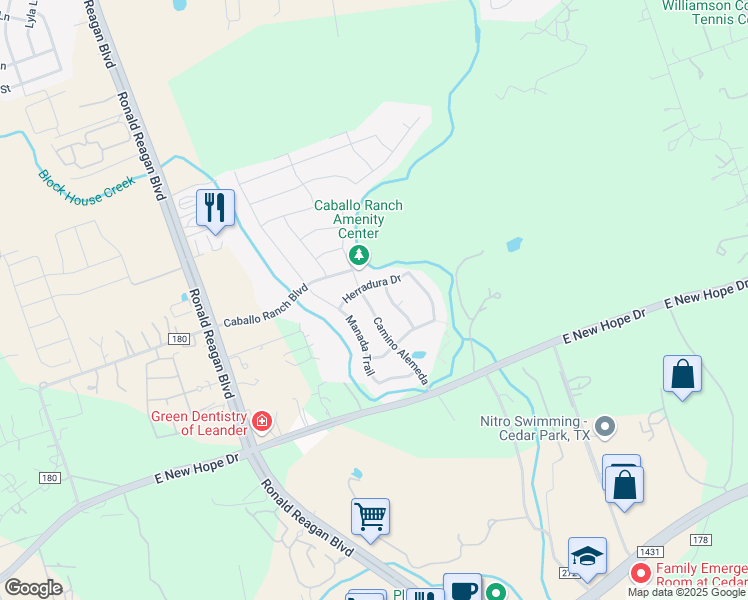 map of restaurants, bars, coffee shops, grocery stores, and more near 1908 Camino Alemeda in Leander