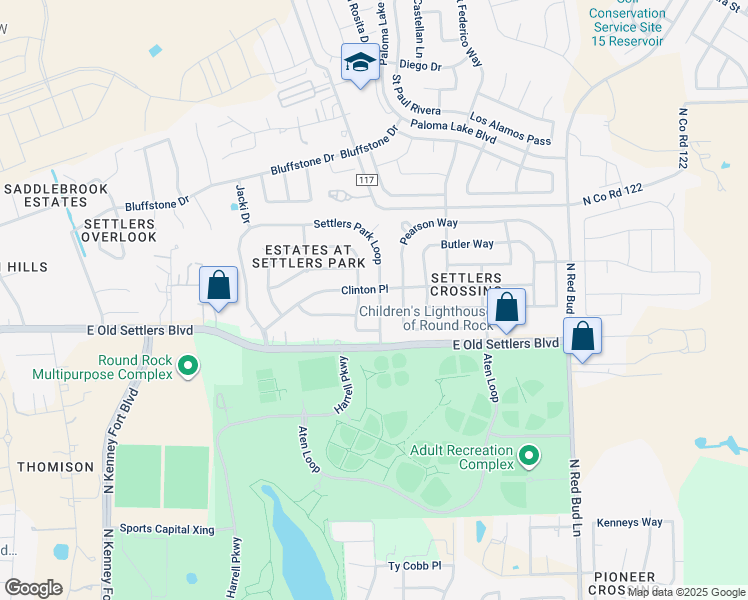 map of restaurants, bars, coffee shops, grocery stores, and more near 2251 Settlers Park Loop in Round Rock
