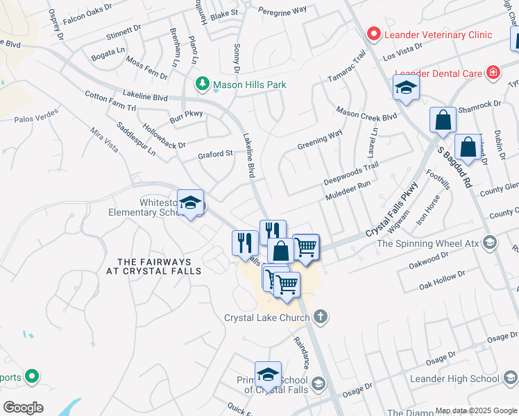 map of restaurants, bars, coffee shops, grocery stores, and more near 3725 Lakeline Boulevard in Leander