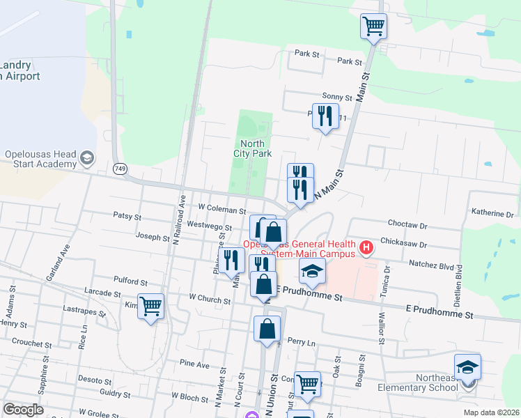 map of restaurants, bars, coffee shops, grocery stores, and more near 1400-1498 Old Court Street in Opelousas